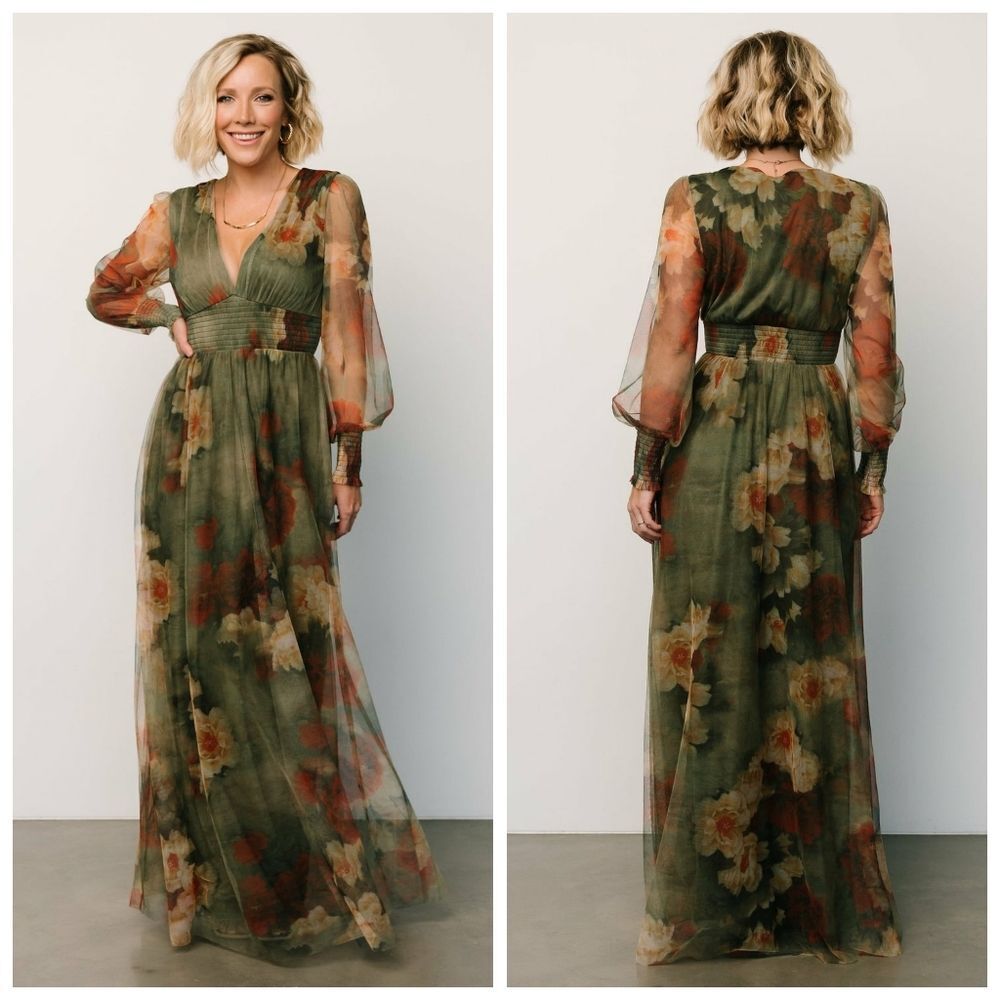 Baltic Born Layla Olive And Rust Floral Long Sleeve Tulle Maxi Dress